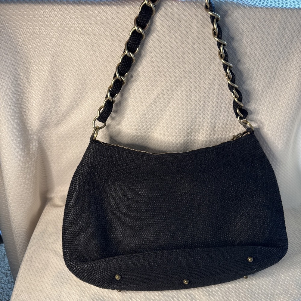 Eric Javits Black Woven Squishee Shoulder Bag w/Gold Chain & Hardware VGUC - Picture 2 of 10